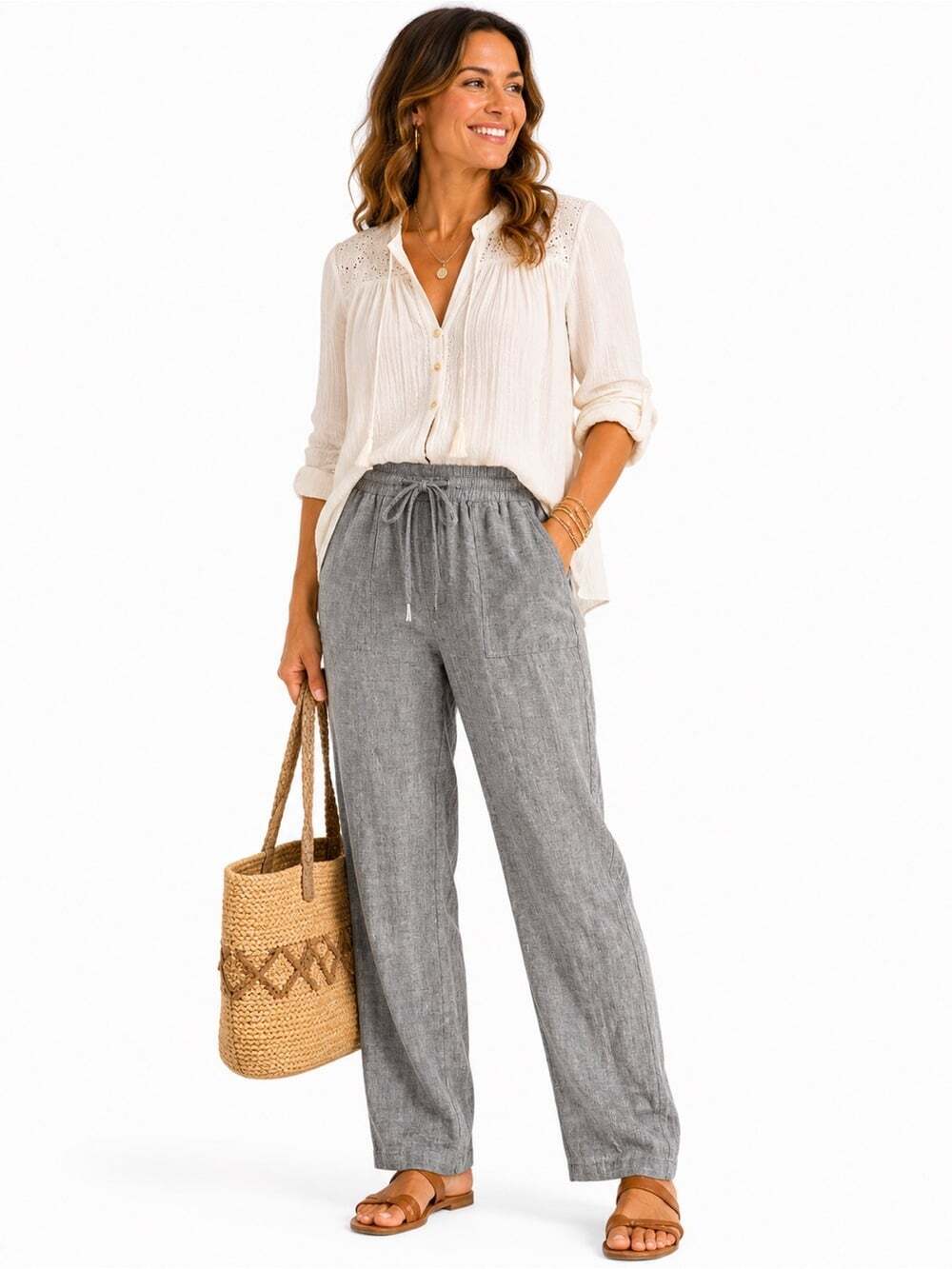 Olsen Grey Linen Cotton Drawstring Pants Cropped Tapered Coastal Resort Travel M